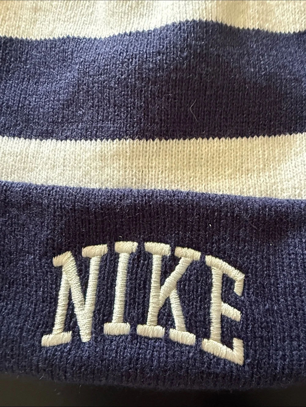 Nike Navy and White Striped Cuffed Beanie